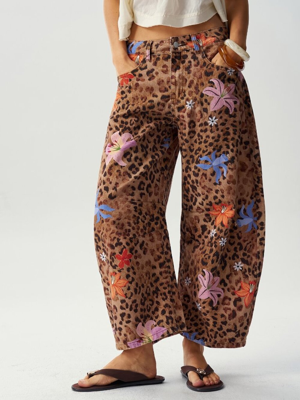 Brown Casual Women's Loose Random Print Harem Pants With Zipper Fly And Pockets